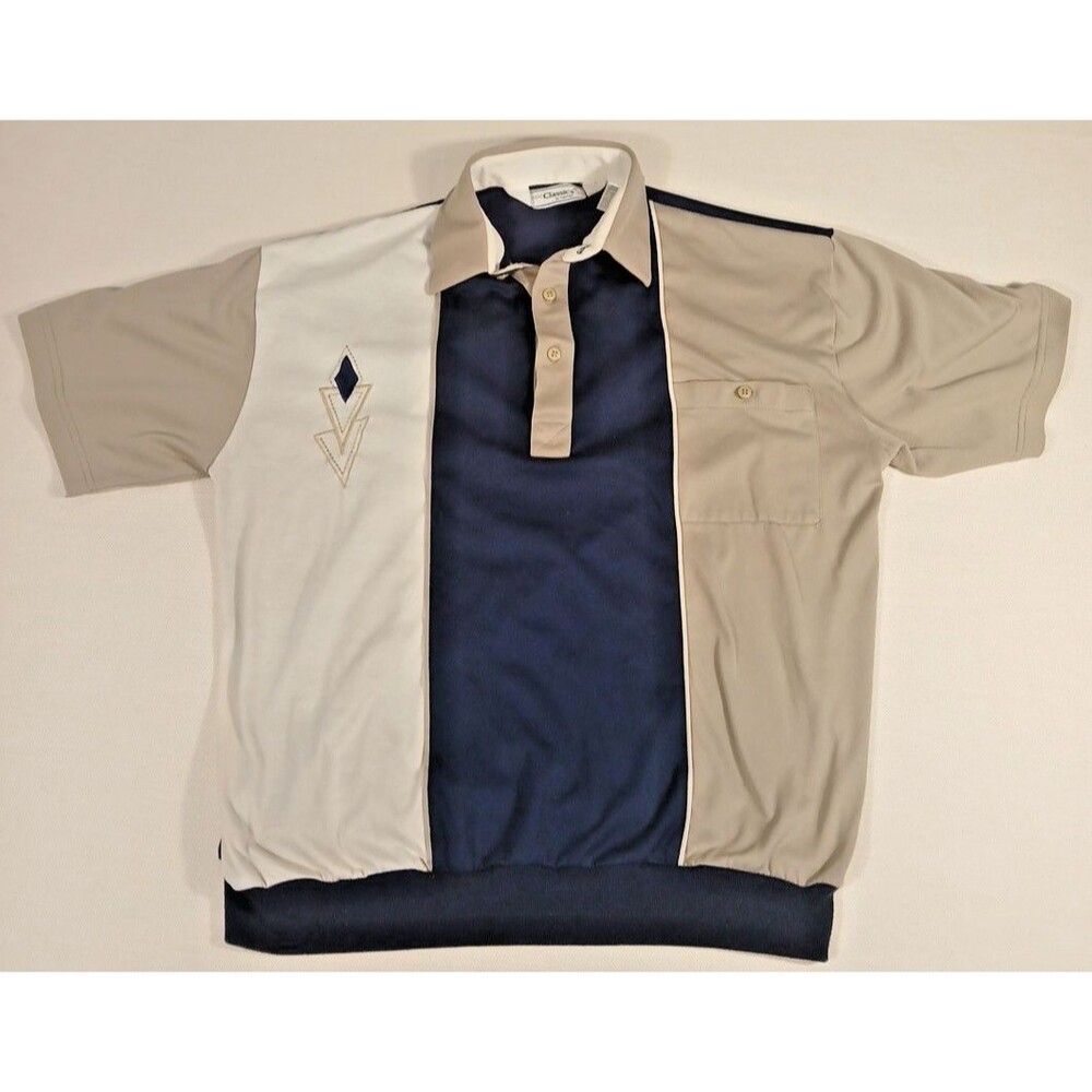 Vintage CLASSICS BY PALMLAND Blue/Beige Banded Polo/Bowling Shirt-Men's SZ LG